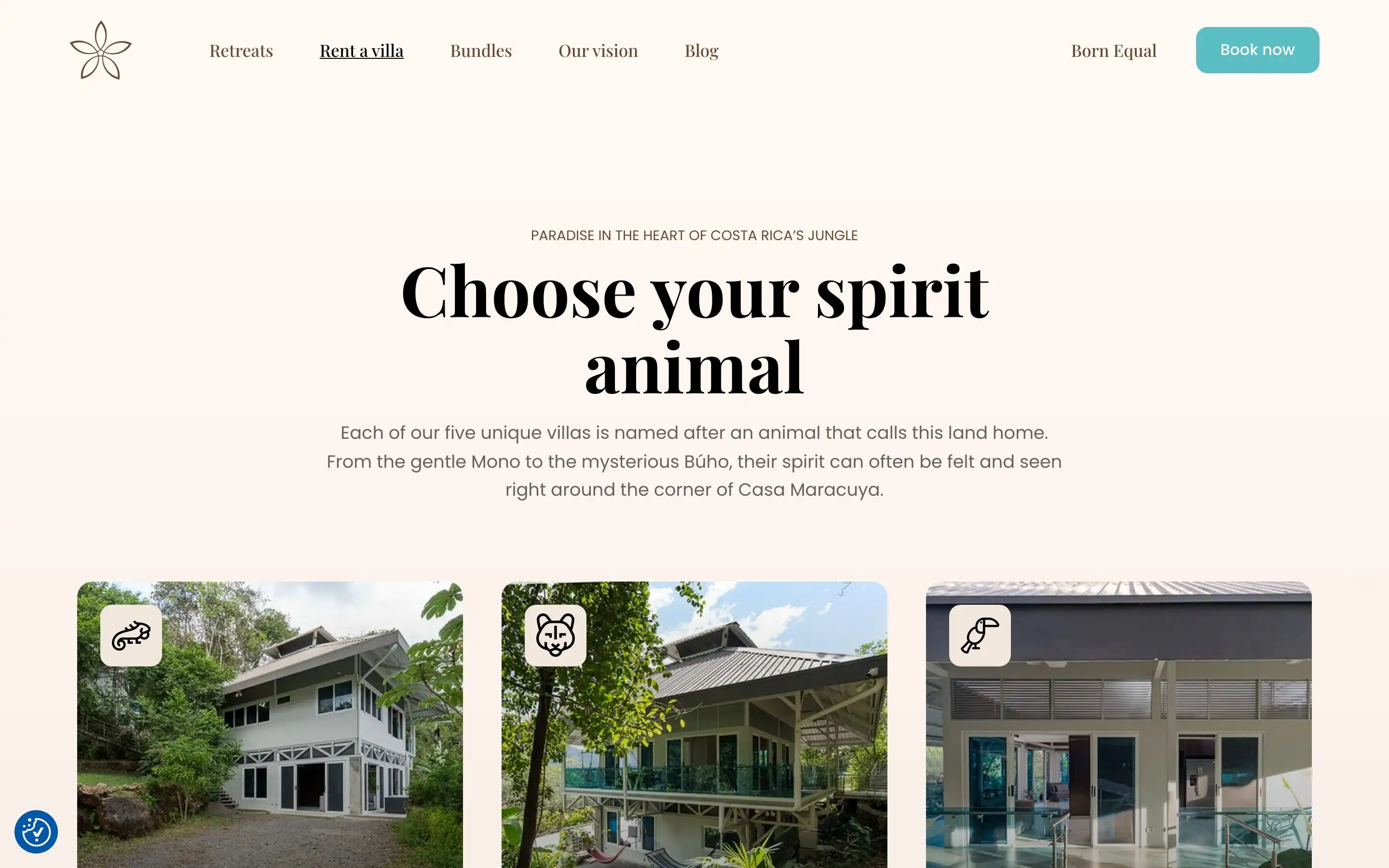 The accommodation page showing the villas