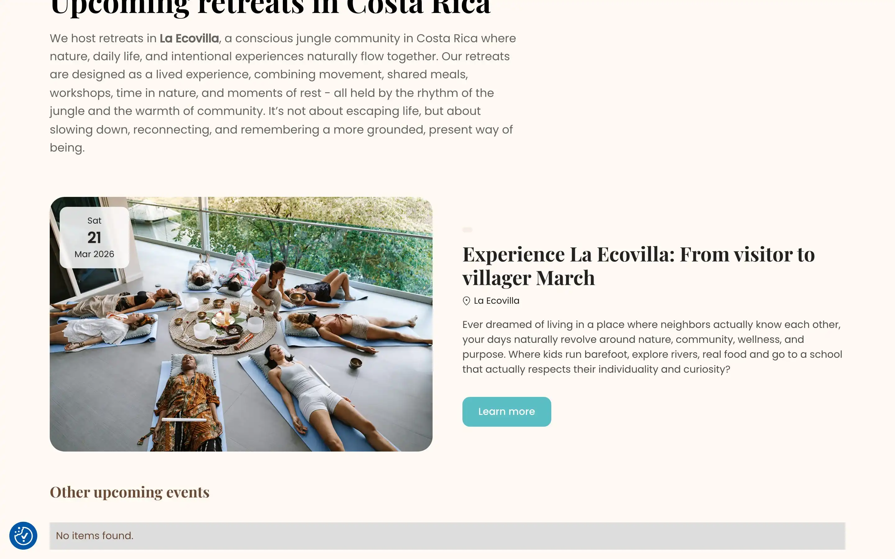 The homepage below the fold, introducing the retreat experience