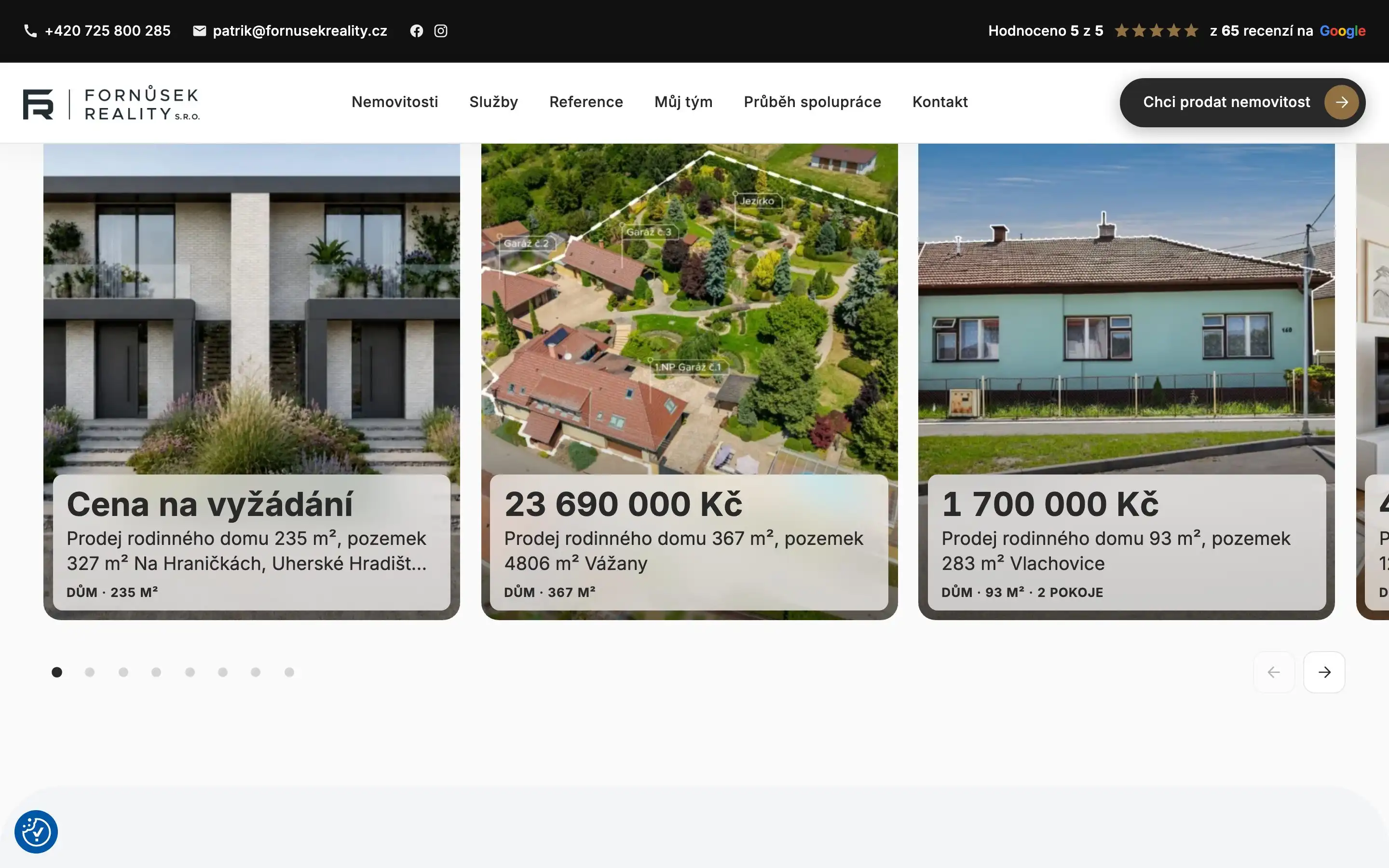 The homepage below the fold, showing current properties