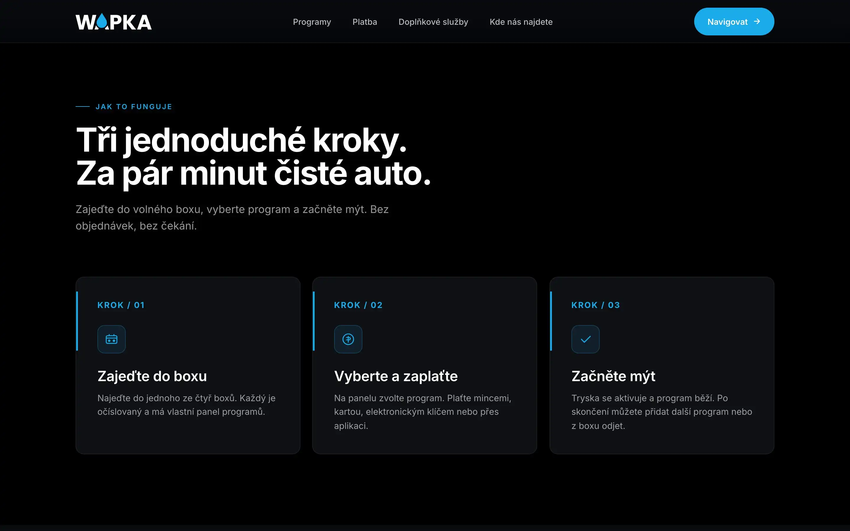 The homepage below the fold, introducing how the wash works