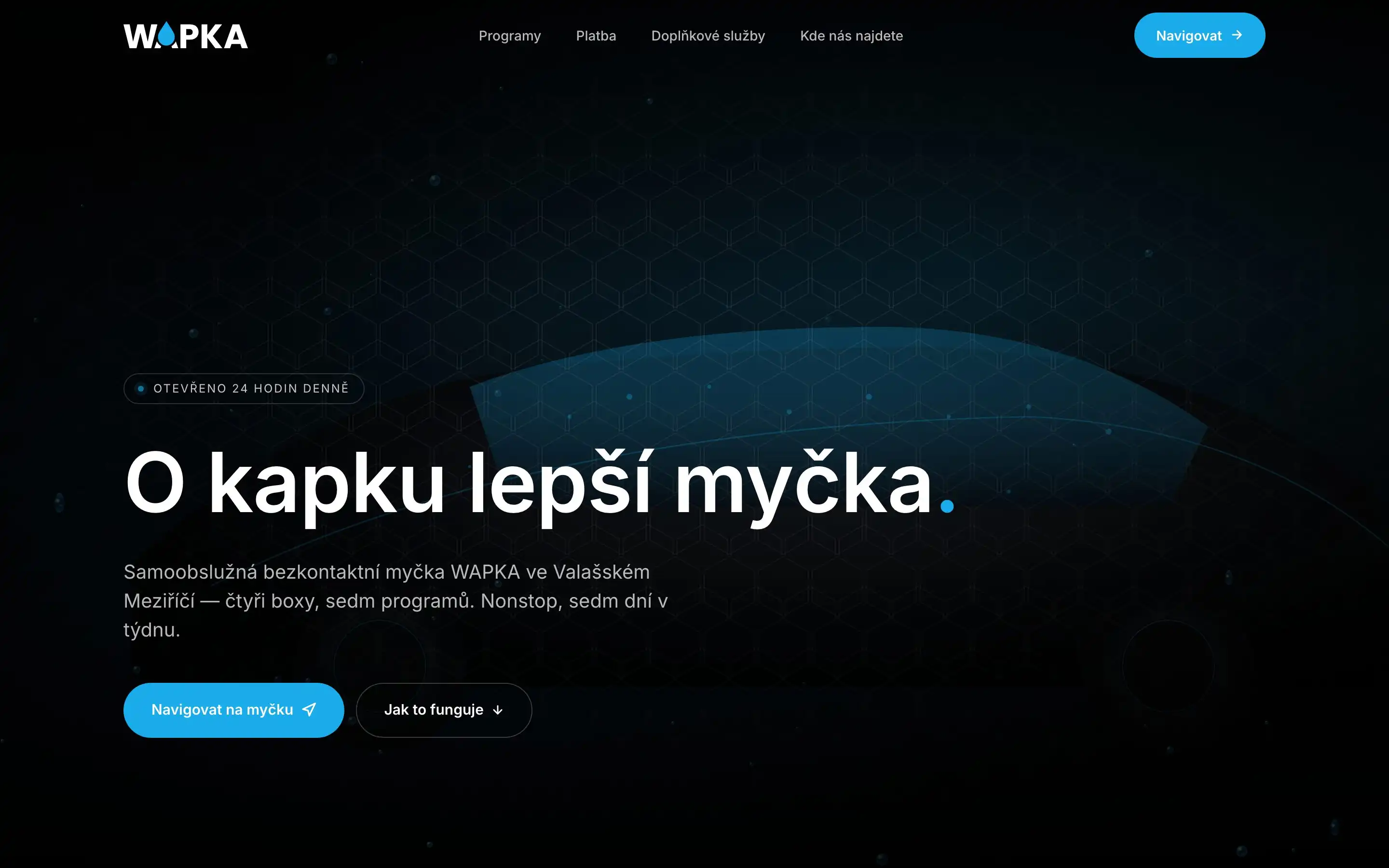 The WAPKA homepage, opening on the wash with its 24-hour badge