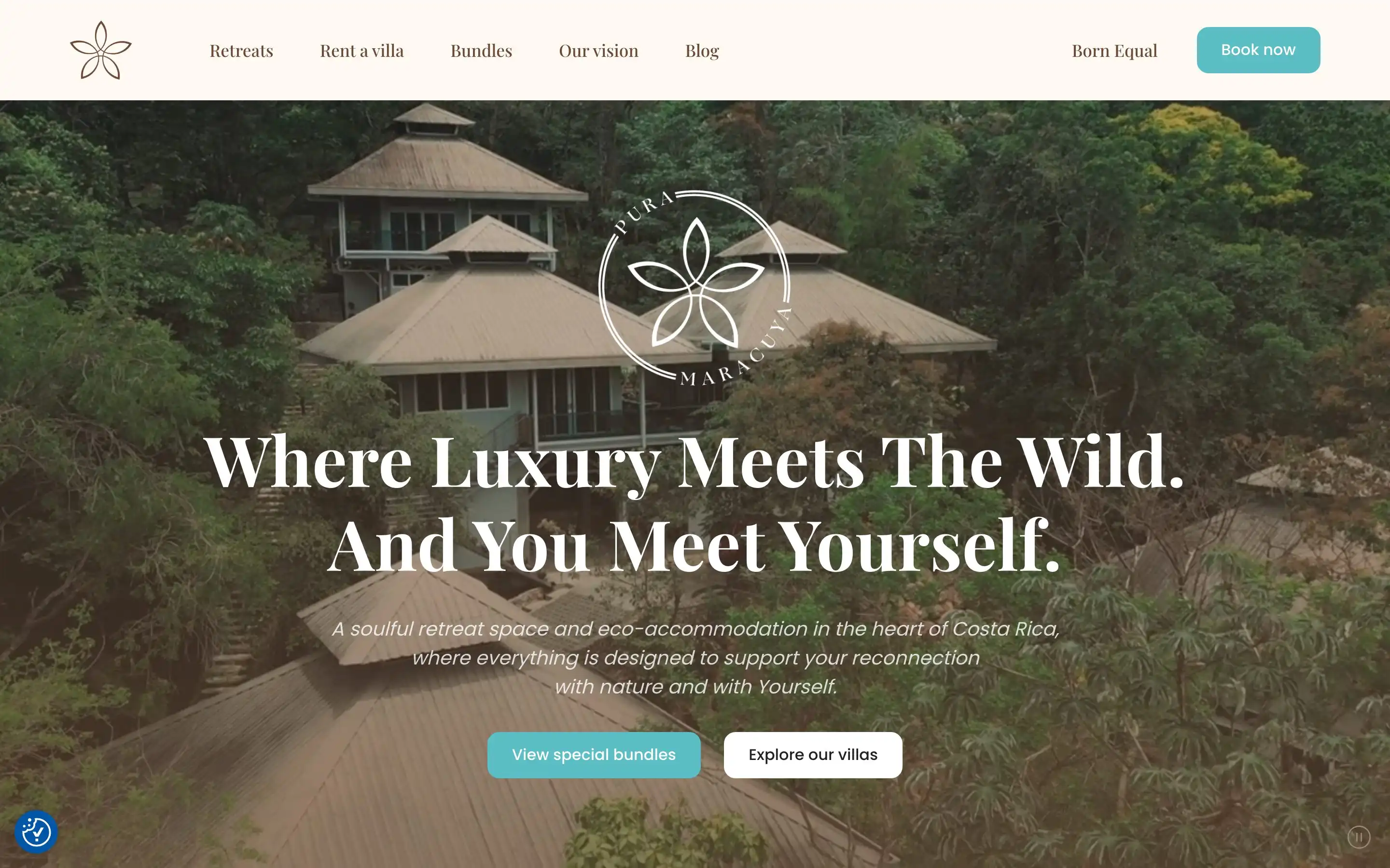 The Pura Maracuya homepage, showing the retreat property above the jungle canopy