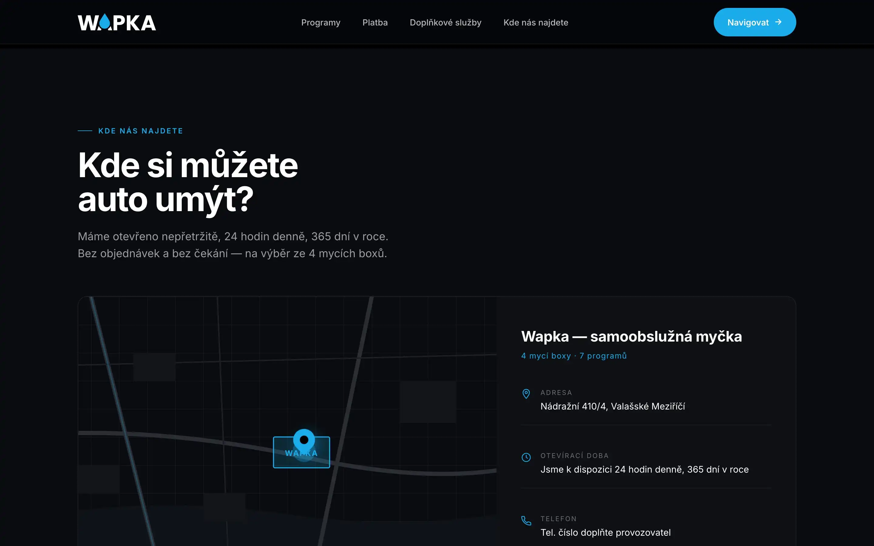 The location section with address, opening hours and a map link